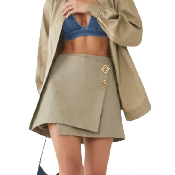 NEW Aje. Linen Blend Realm Wrap Front Mini Skirt Desert Khaki Size 10